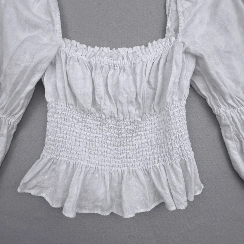 Reformation Oak Grove Linen Smocked Top Women Small White Peasant Puff Sleeve